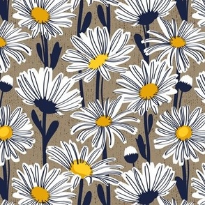 Small scale // Field of daisies // mushroom brown background white and yellow daisy flowers oxford navy blue line contour