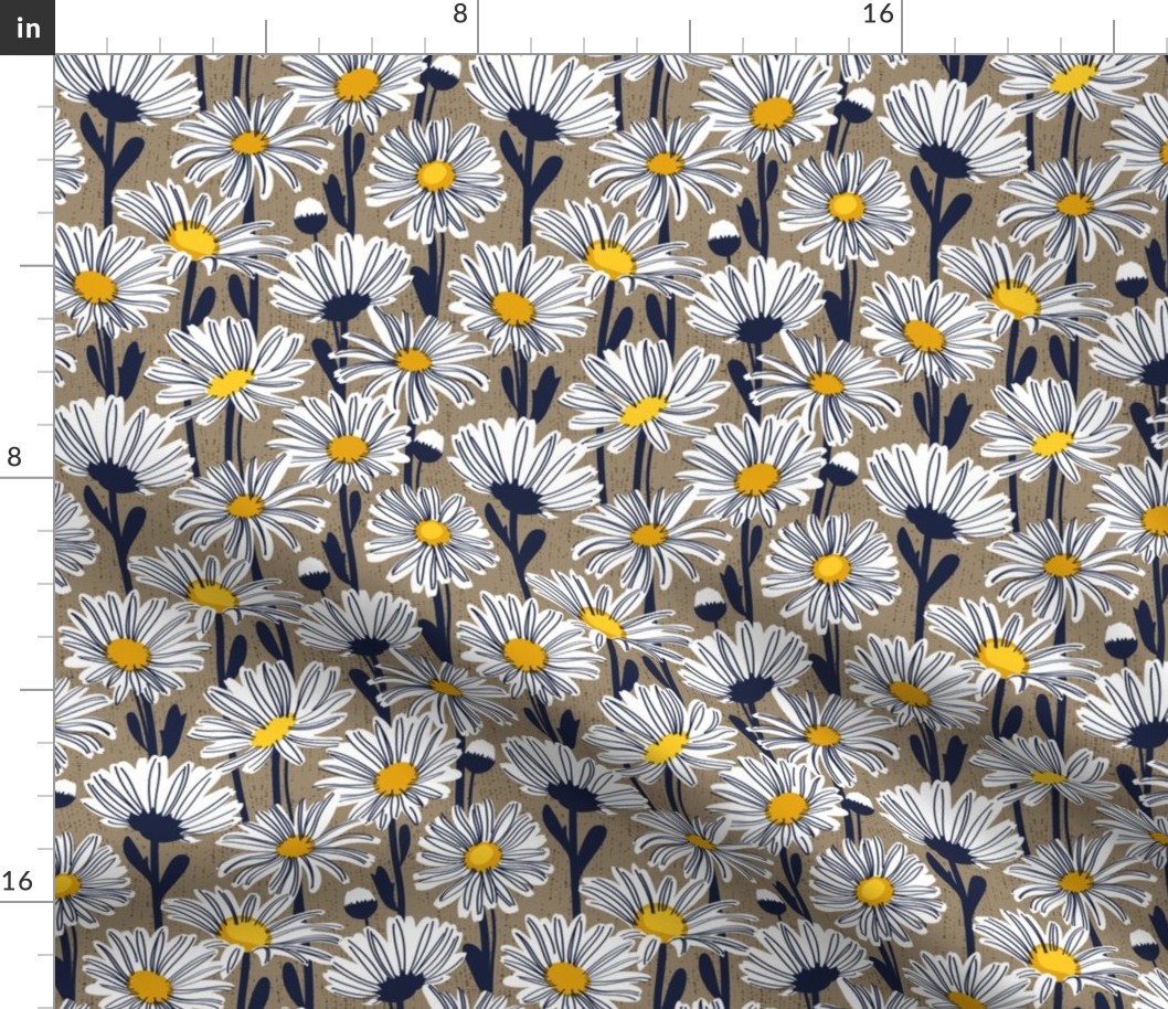 Small scale // Field of daisies // mushroom brown background white and yellow daisy flowers oxford navy blue line contour