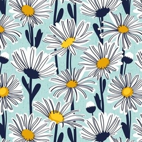 Small scale // Field of daisies // aqua background white and yellow daisy flowers oxford navy blue line contour