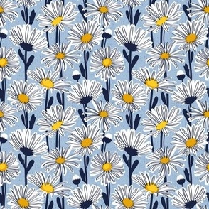 Tiny scale // Field of daisies // sky blue background white and yellow daisy flowers oxford navy blue line contour