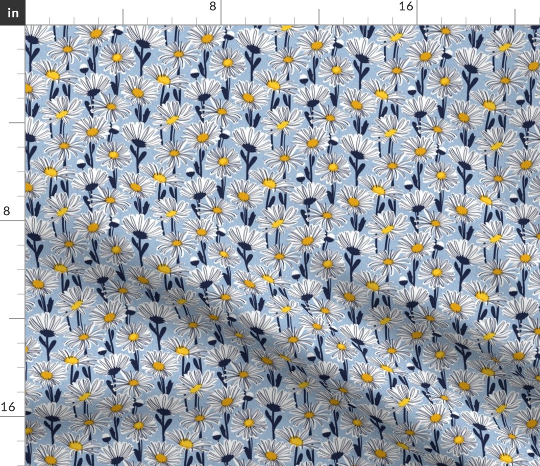 Tiny scale // Field of daisies // sky blue background white and yellow daisy flowers oxford navy blue line contour
