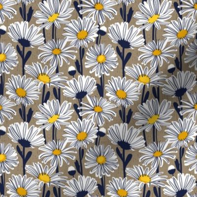 Tiny scale // Field of daisies // mushroom brown background white and yellow daisy flowers oxford navy blue line contour