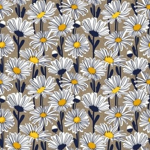 Tiny scale // Field of daisies // mushroom brown background white and yellow daisy flowers oxford navy blue line contour