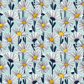Tiny scale // Field of daisies // aqua background white and yellow daisy flowers oxford navy blue line contour