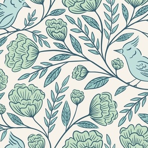 Birds and Blooms | Large Scale | Mint & Powder Blue