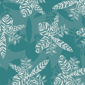 Botanical Blooms Teal (leaves | foliage blue | white)