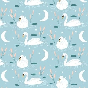 Swan Lake Blue (swans | moon | water)