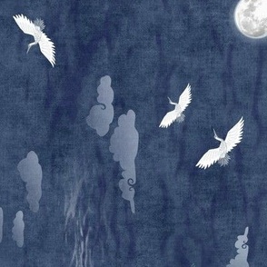 Moonrise with Cranes and Bamboo (large scale, railroad) | Night sky, moon fabric, bird fabric, seascape with mountains, cloud fabric, water fabric, lake scene.