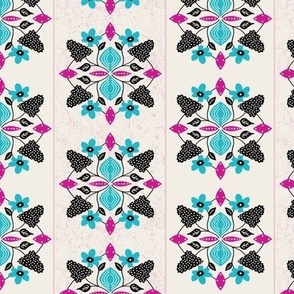 Vintage Kitchen Floral, 6 inch, Medium Scale, Cream Background, Aqua, Pink, Black