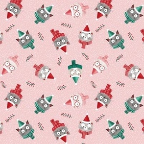 Small | Cute Christmas cats in red Santa hats and scarfs on pink background