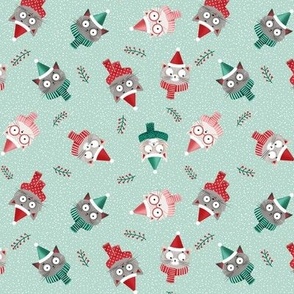 Small | Christmas cats in red Santa hats and scarfs on green mint background