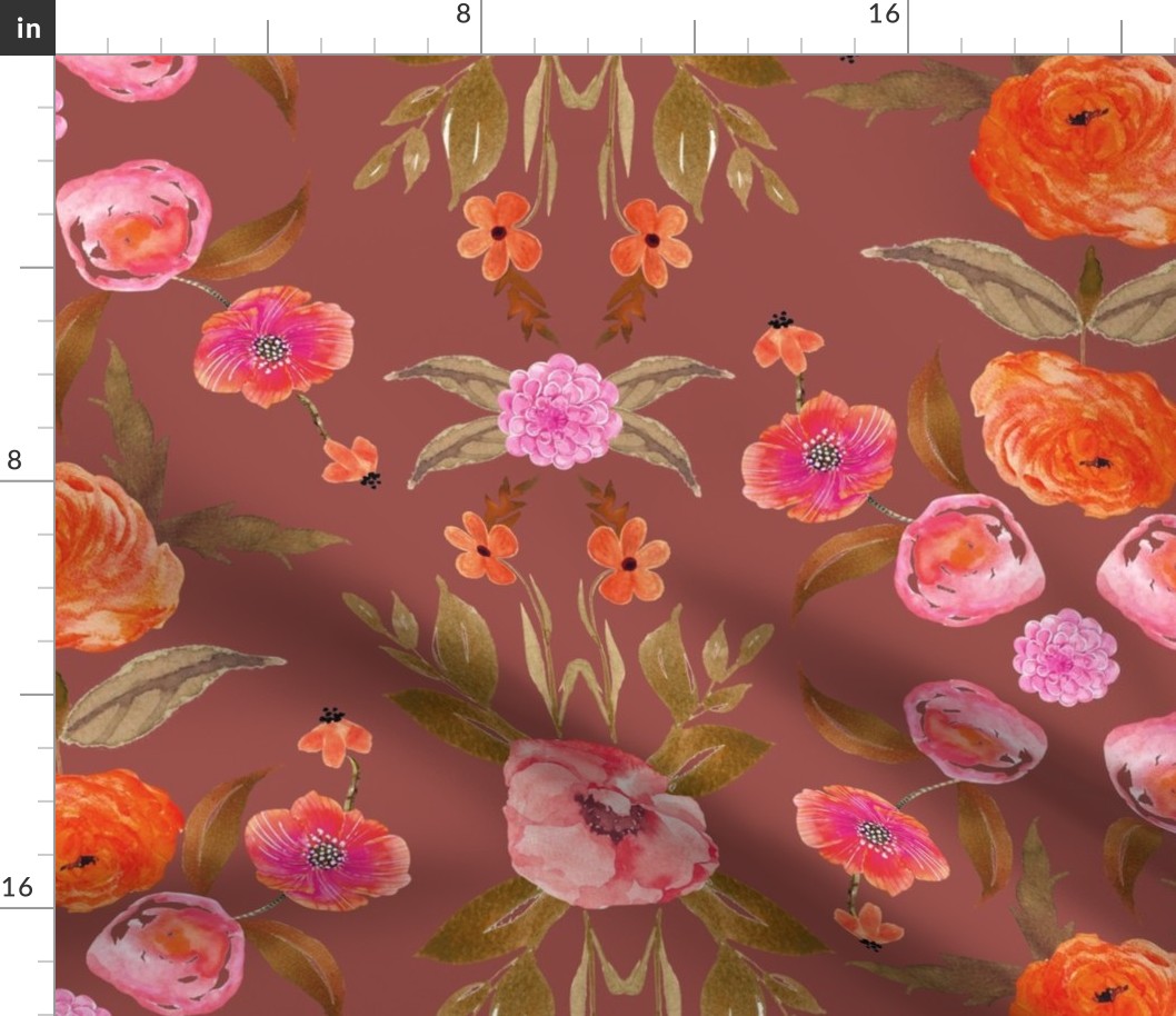 70s Inspired Floral // Pink and Orange on Boho Rust