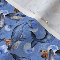 Watercolor Blue Whales with Houses and Moons - Ditsy Scale - Celestial 