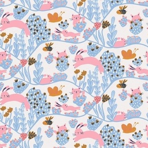 Whimsical rabbit cat and bees in a meadow pink and blue