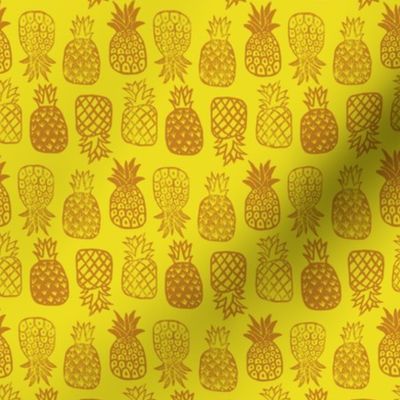 Pineapples Block Print Lemon Yellow and Golden Brown by Angel Gerardo - Small Scale