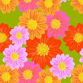Bright Flowers On Green Modern Repeat Pattern