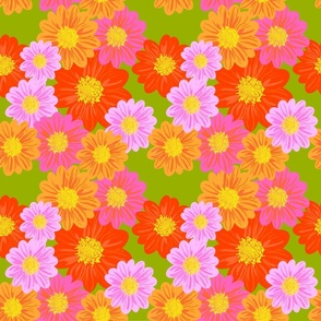 Modern Bright Flowers On Green Repeat Pattern