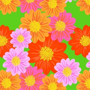 Modern Bright Flowers On Kelly Green Repeat Pattern