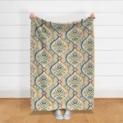 Chic vintage folk floral damask with mosaic geometrics on cream - green, gold, ochre, millennial pink - jumbo