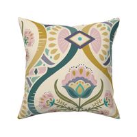 Chic vintage folk floral damask with mosaic geometrics on cream - green, gold, ochre, millennial pink - jumbo