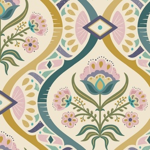 Chic vintage folk floral damask with mosaic geometrics on cream - green, gold, ochre, millennial pink - jumbo