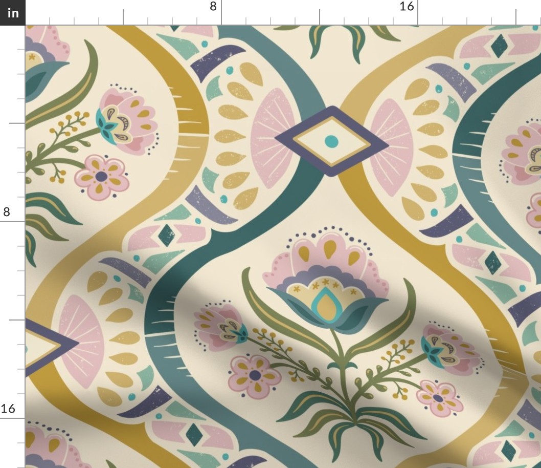 Chic vintage folk floral damask with mosaic geometrics on cream - green, gold, ochre, millennial pink - jumbo