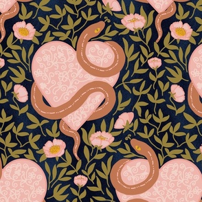 Snake in love hidden in roses Earthy colors on Dark background Large scale
