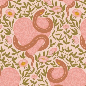 Snake in love hidden in roses Earthy colors Large scale