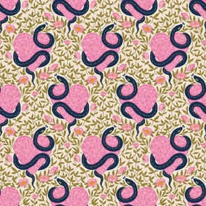 Snake in love hidden in roses Pink Navy and Olive Small scale