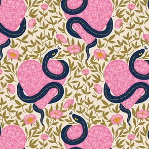 Snake in love hidden in roses Pink Navy and Olive Medium scale