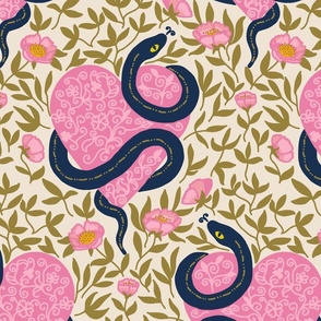 Snake in love hidden in roses Pink Navy and Olive Large scale
