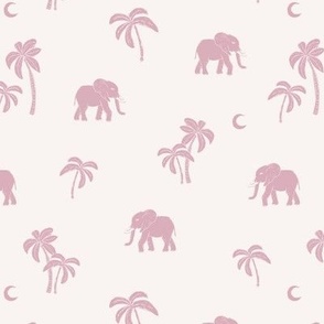 Boho vintage elephants - Palm trees and island vibes sweet baby elephant under the moon summer design pink on cream