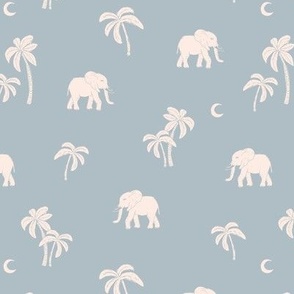 Boho vintage elephants - Palm trees and island vibes sweet baby elephant under the moon summer design ivory blush on moody blue sky