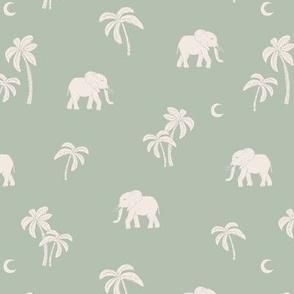 Boho vintage elephants - Palm trees and island vibes sweet baby elephant under the moon summer design ivory sand on sage green