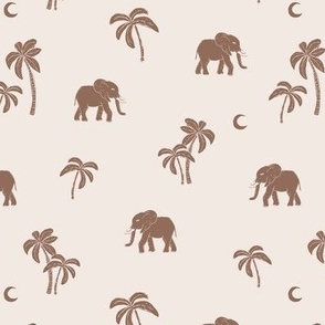 Boho vintage elephants - Palm trees and island vibes sweet baby elephant under the moon summer design chocolate brown on sand
