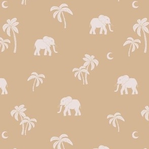 Boho vintage elephants - Palm trees and island vibes sweet baby elephant under the moon summer design ivory on camel beige