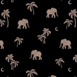 Boho vintage elephants - Palm trees and island vibes sweet baby elephant under the moon summer design moody gray brown on black