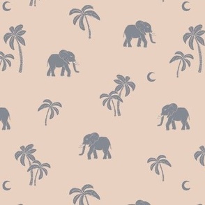 Boho vintage elephants - Palm trees and island vibes sweet baby elephant under the moon summer design slate gray on beige sand