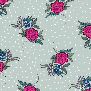 Hot Pink peonies with blueberries on sage green NON DIRECTIONAL Medium scale 