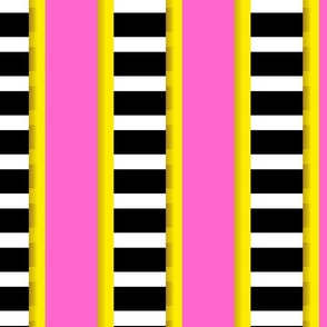Bold pink and yellow  with black and white stripes vertical Large scale