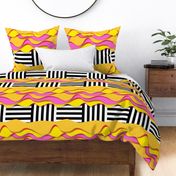 Bold pink and yellow soft shapes with black and white stripes