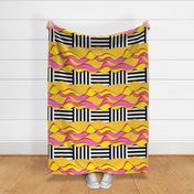 Bold pink and yellow soft shapes with black and white stripes