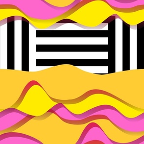 Bold pink and yellow soft shapes with black and white stripes