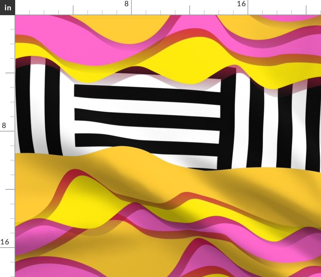 Bold pink and yellow soft shapes with black and white stripes