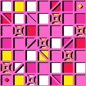 Bold pink and yellow grid  with black and white Large scale