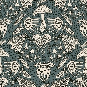 Lovecraft´s funghi damask Cream and white on dusty sage blue green Small scale 