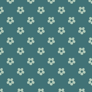 Small seventies flowers in light sage on aqua green - small