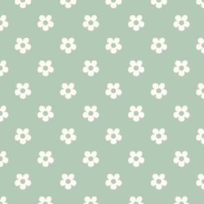 Small seventies flowers in creamy white on light sage green -small