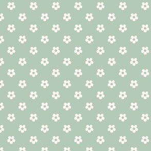 Small seventies flowers in creamy white on light sage green -xs