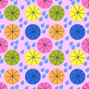 Summer Showers Umbrellas And Raindrops on Pastel Pink Modern Repeat Pattern